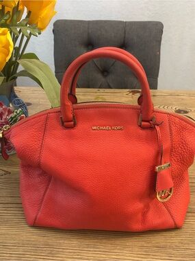 Michael Kors Red-Orange Pebbled Leather Satchel